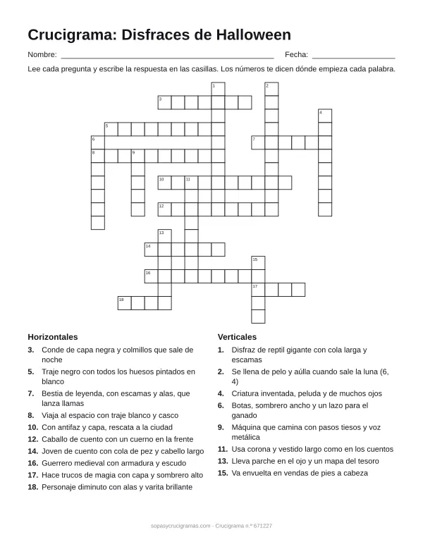 Hoja para imprimir del crucigrama de disfraces de Halloween: cuadrícula numerada de 18 × 18 con 10 palabras horizontales y 8 verticales, y la lista de pistas.