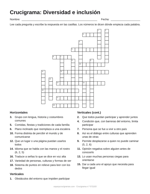 Hoja para imprimir del crucigrama de diversidad e inclusión: cuadrícula numerada de 21 × 18 con 9 palabras horizontales y 9 verticales, y la lista de pistas.