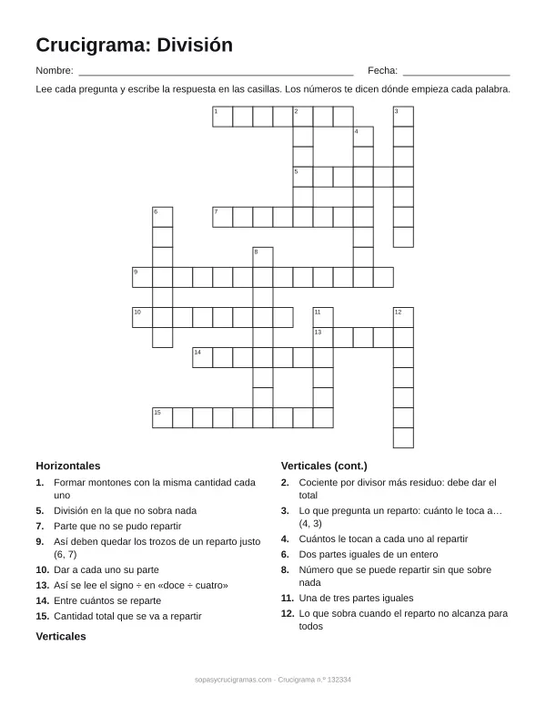 Hoja para imprimir del crucigrama de la división: cuadrícula numerada de 17 × 14 con 8 palabras horizontales y 7 verticales, y la lista de pistas.