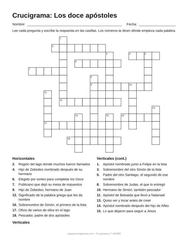 Hoja para imprimir del crucigrama de los doce apóstoles: cuadrícula numerada de 15 × 17 con 9 palabras horizontales y 9 verticales, y la lista de pistas.