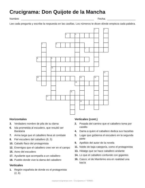 Hoja para imprimir del crucigrama de Don Quijote: cuadrícula numerada de 18 × 15 con 9 palabras horizontales y 9 verticales, y la lista de pistas.