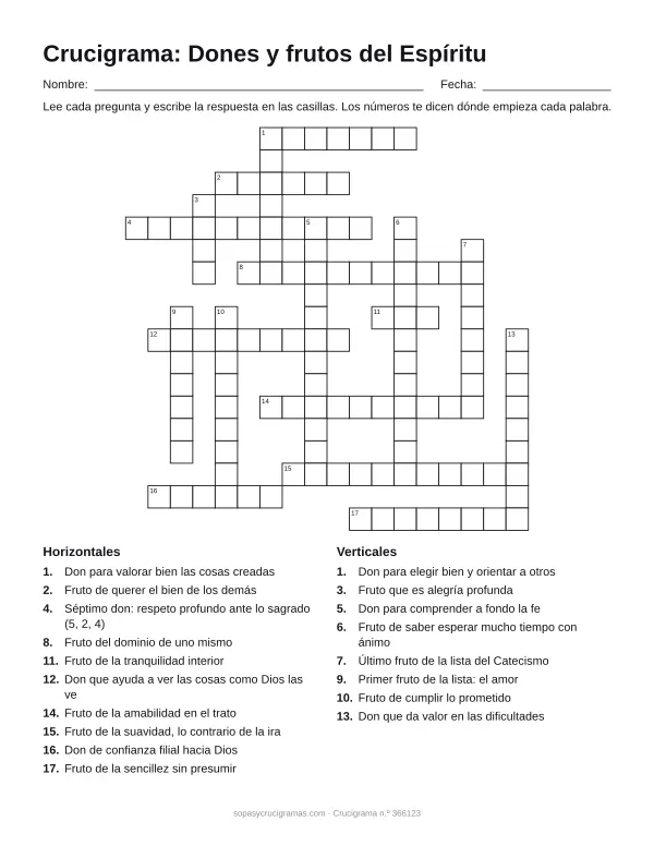 Hoja para imprimir del crucigrama de los dones y frutos del Espíritu: cuadrícula numerada de 18 × 18 con 10 palabras horizontales y 8 verticales, y la lista de pistas.