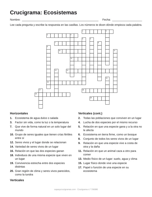 Hoja para imprimir del crucigrama de los ecosistemas: cuadrícula numerada de 20 × 21 con 10 palabras horizontales y 10 verticales, y la lista de pistas.