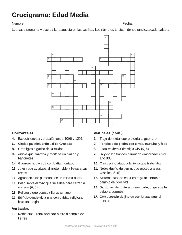 Hoja para imprimir del crucigrama de la Edad Media: cuadrícula numerada de 21 × 20 con 10 palabras horizontales y 10 verticales, y la lista de pistas.