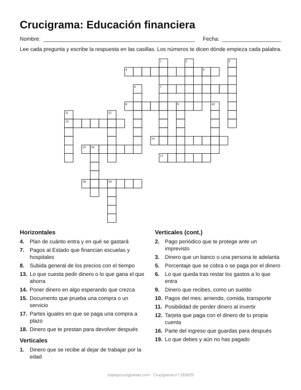 Hoja para imprimir del crucigrama de educación financiera: cuadrícula numerada de 19 × 20 con 8 palabras horizontales y 11 verticales, y la lista de pistas.