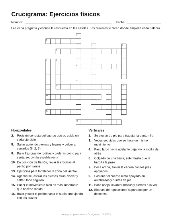 Hoja para imprimir del crucigrama de ejercicios físicos: cuadrícula numerada de 18 × 16 con 8 palabras horizontales y 8 verticales, y la lista de pistas.