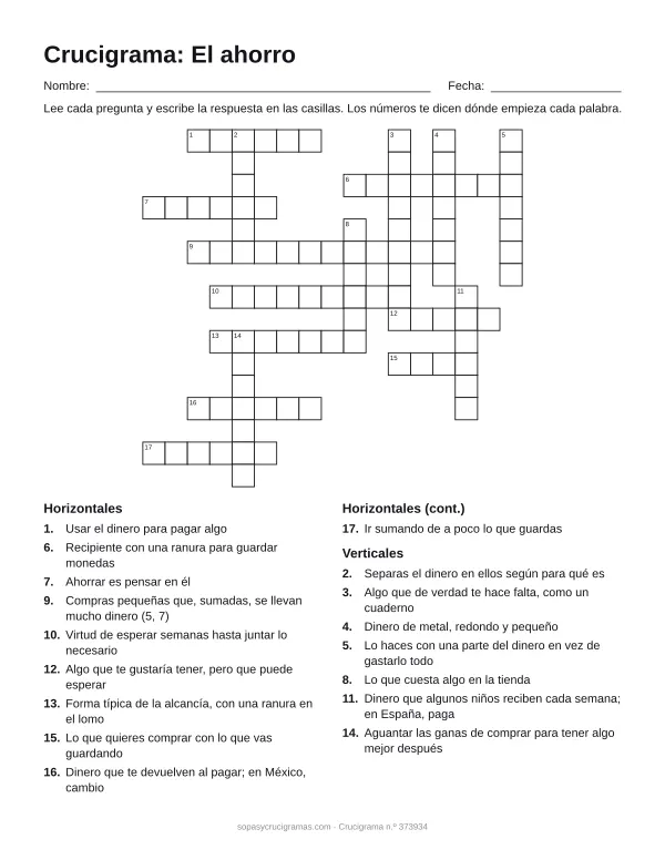 Hoja para imprimir del crucigrama del ahorro: cuadrícula numerada de 16 × 17 con 10 palabras horizontales y 7 verticales, y la lista de pistas.
