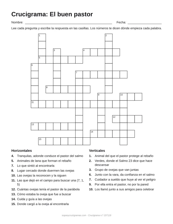 Hoja para imprimir del crucigrama del buen pastor: cuadrícula numerada de 15 × 15 con 10 palabras horizontales y 7 verticales, y la lista de pistas.