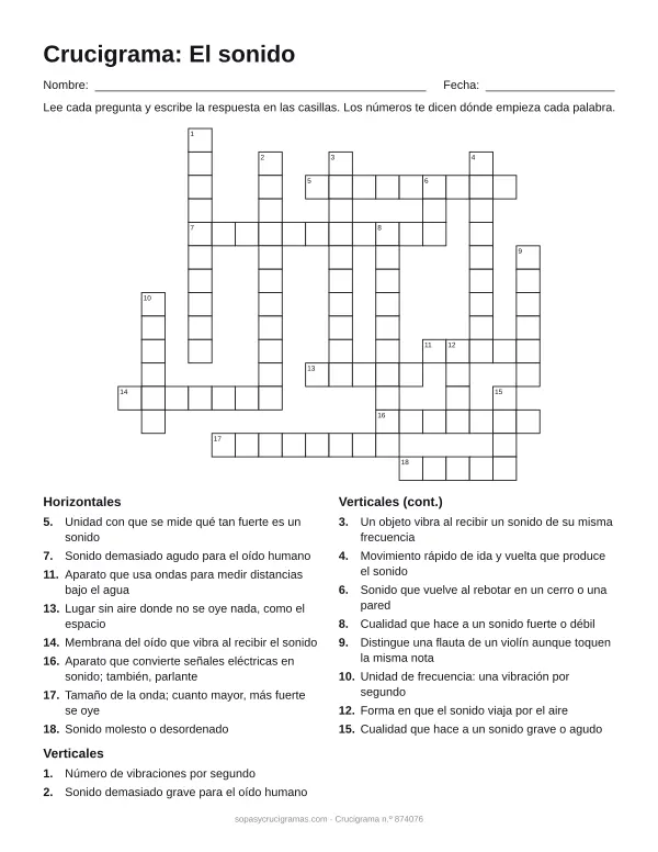 Hoja para imprimir del crucigrama del sonido: cuadrícula numerada de 15 × 18 con 8 palabras horizontales y 10 verticales, y la lista de pistas.