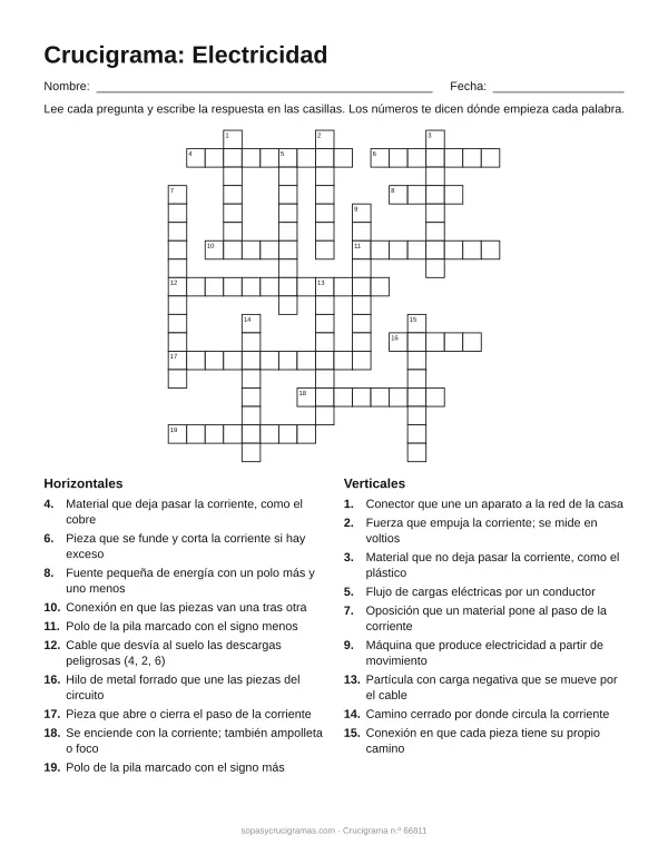 Hoja para imprimir del crucigrama de electricidad: cuadrícula numerada de 18 × 18 con 10 palabras horizontales y 9 verticales, y la lista de pistas.