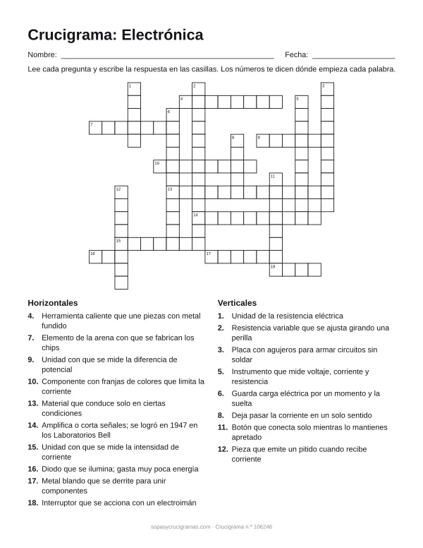 Hoja para imprimir del crucigrama de electrónica: cuadrícula numerada de 16 × 19 con 10 palabras horizontales y 8 verticales, y la lista de pistas.