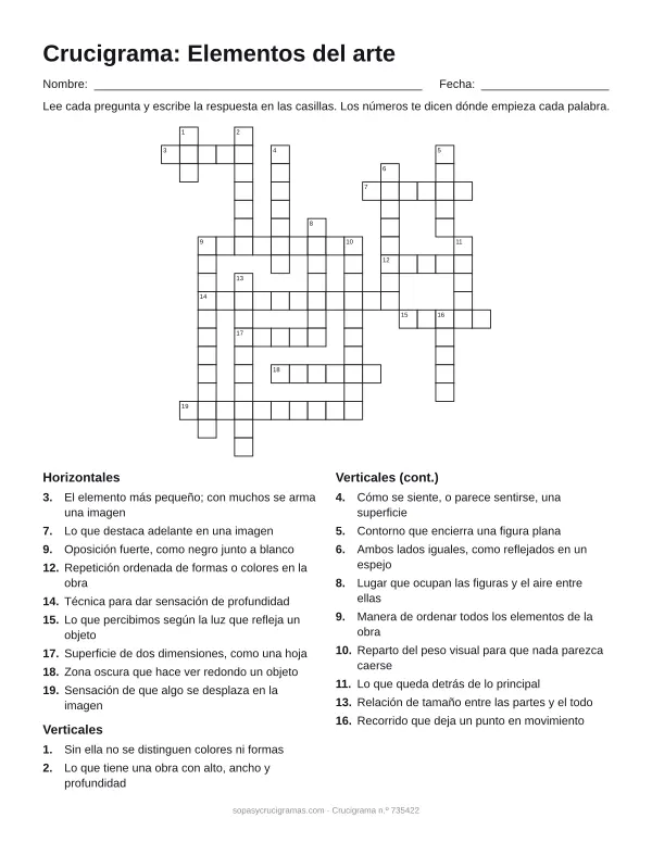Hoja para imprimir del crucigrama de los elementos del arte: cuadrícula numerada de 18 × 18 con 9 palabras horizontales y 11 verticales, y la lista de pistas.