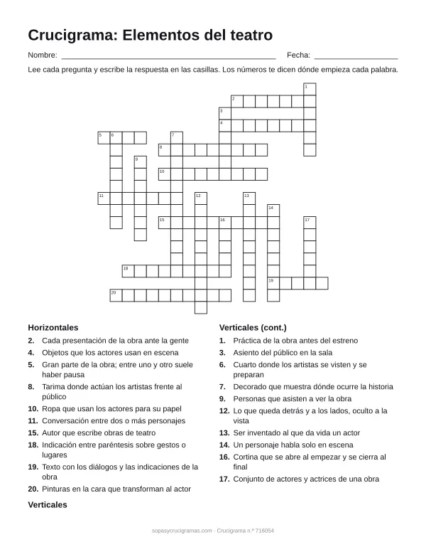 Hoja para imprimir del crucigrama del teatro: cuadrícula numerada de 19 × 19 con 10 palabras horizontales y 10 verticales, y la lista de pistas.