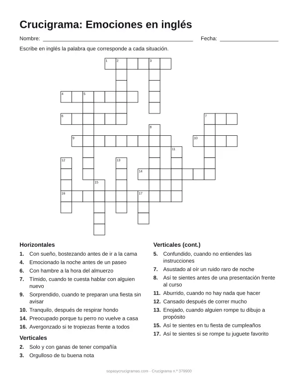 Hoja para imprimir del crucigrama de emociones en inglés: cuadrícula numerada de 16 × 16 con 8 palabras horizontales y 10 verticales, y la lista de pistas.