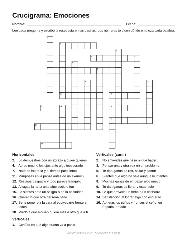 Hoja para imprimir del crucigrama de las emociones: cuadrícula numerada de 18 × 19 con 10 palabras horizontales y 10 verticales, y la lista de pistas.