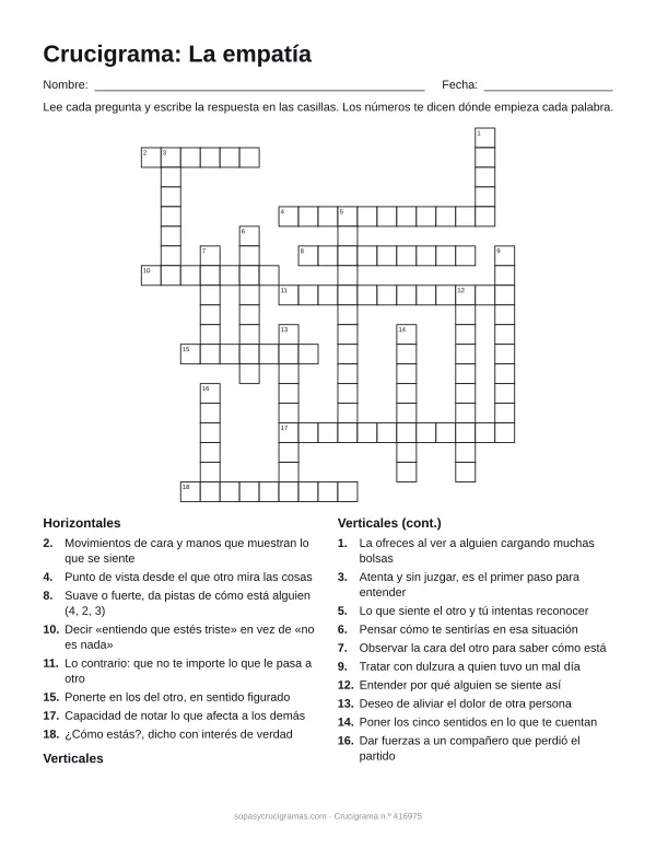Hoja para imprimir del crucigrama de la empatía: cuadrícula numerada de 19 × 19 con 8 palabras horizontales y 10 verticales, y la lista de pistas.