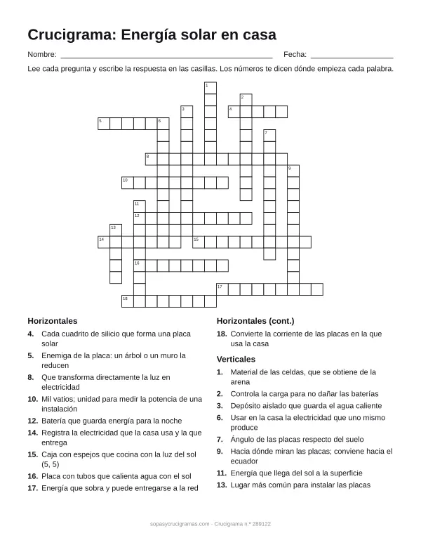 Hoja para imprimir del crucigrama de energía solar en casa: cuadrícula numerada de 19 × 19 con 10 palabras horizontales y 8 verticales, y la lista de pistas.