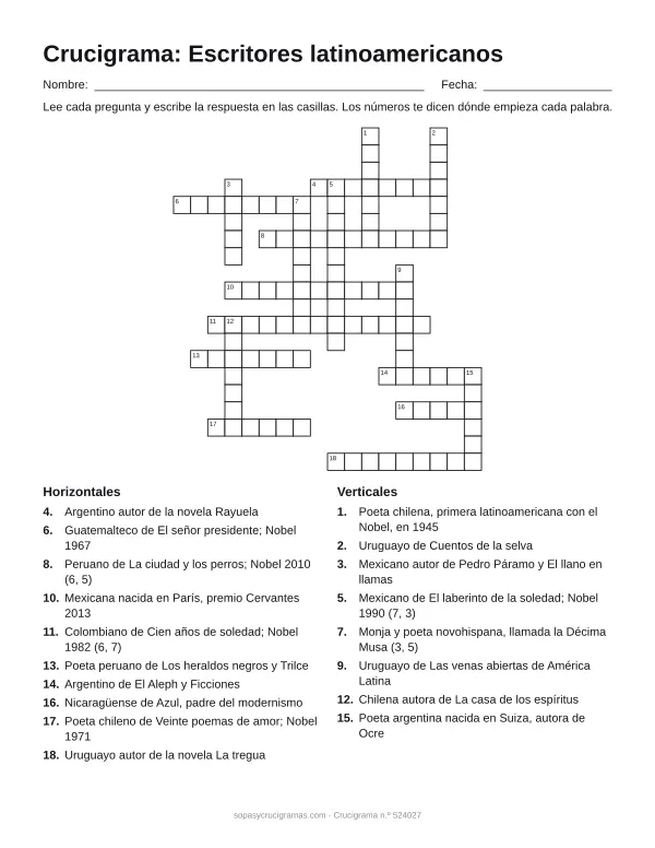 Hoja para imprimir del crucigrama de escritores latinoamericanos: cuadrícula numerada de 20 × 18 con 10 palabras horizontales y 8 verticales, y la lista de pistas.