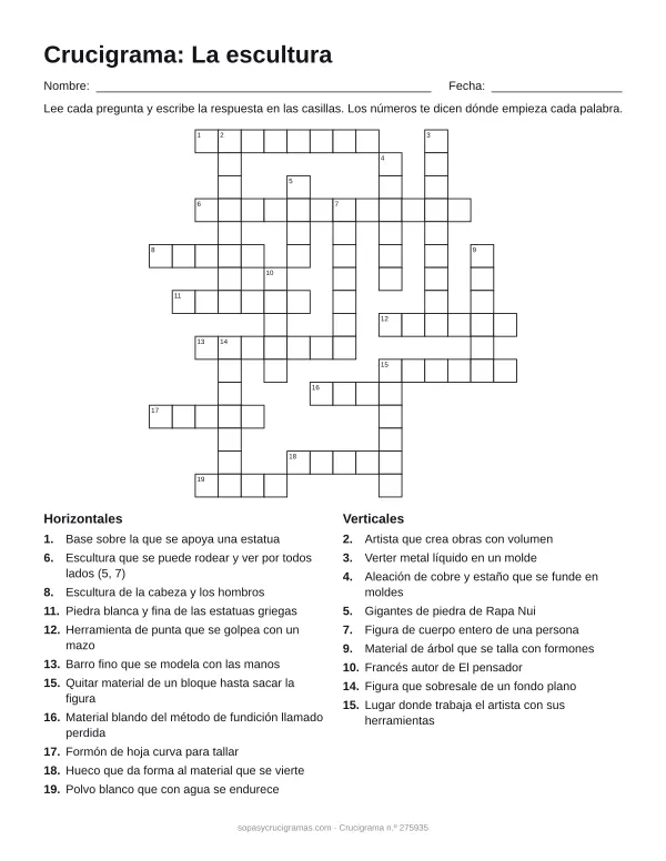 Hoja para imprimir del crucigrama de la escultura: cuadrícula numerada de 16 × 16 con 11 palabras horizontales y 9 verticales, y la lista de pistas.