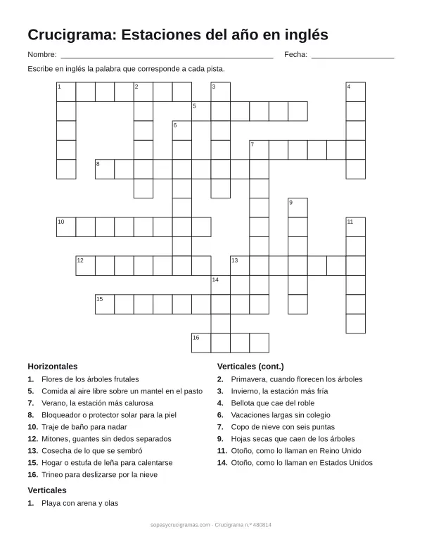 Hoja para imprimir del crucigrama de las estaciones en inglés: cuadrícula numerada de 14 × 16 con 9 palabras horizontales y 9 verticales, y la lista de pistas.