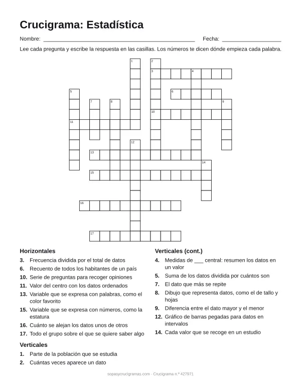 Hoja para imprimir del crucigrama de estadística: cuadrícula numerada de 18 × 16 con 8 palabras horizontales y 9 verticales, y la lista de pistas.