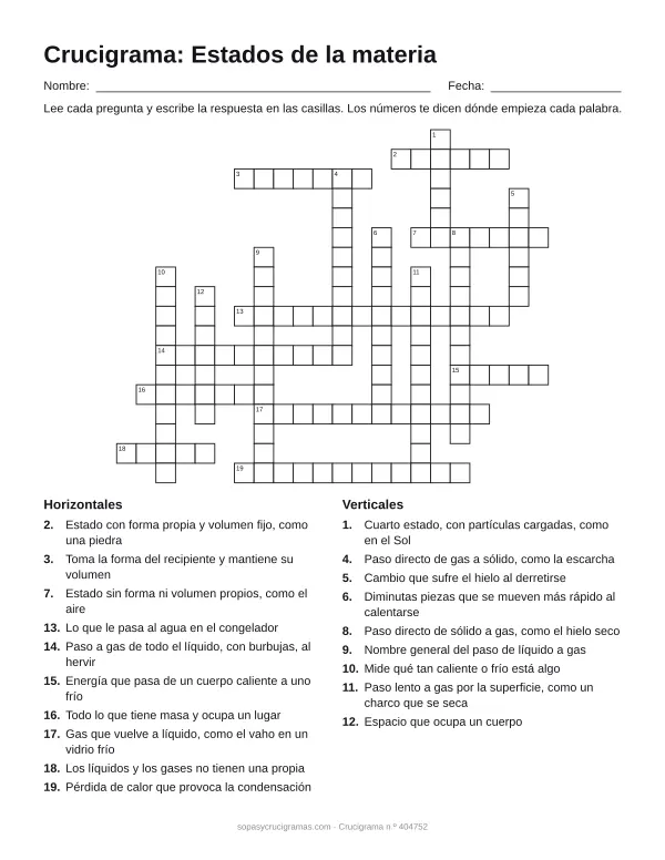 Hoja para imprimir del crucigrama de los estados de la materia: cuadrícula numerada de 18 × 22 con 10 palabras horizontales y 9 verticales, y la lista de pistas.