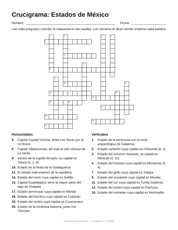 Hoja para imprimir del crucigrama de los estados de México: cuadrícula numerada de 20 × 19 con 11 palabras horizontales y 9 verticales, y la lista de pistas.