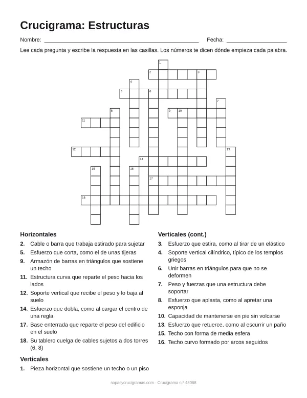 Hoja para imprimir del crucigrama de estructuras: cuadrícula numerada de 17 × 17 con 8 palabras horizontales y 10 verticales, y la lista de pistas.