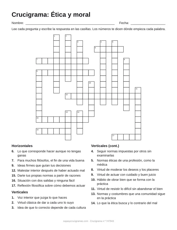 Hoja para imprimir del crucigrama de ética y moral: cuadrícula numerada de 18 × 18 con 7 palabras horizontales y 11 verticales, y la lista de pistas.