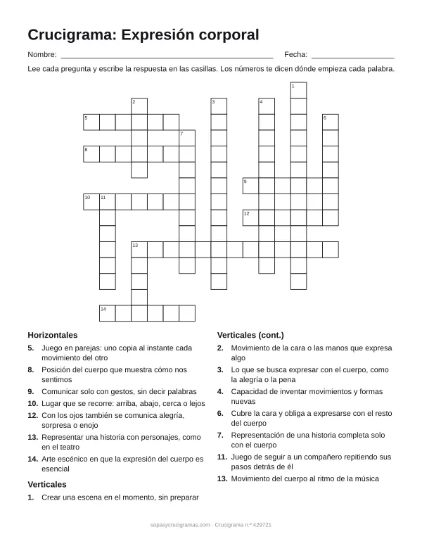 Hoja para imprimir del crucigrama de expresión corporal: cuadrícula numerada de 15 × 16 con 7 palabras horizontales y 8 verticales, y la lista de pistas.