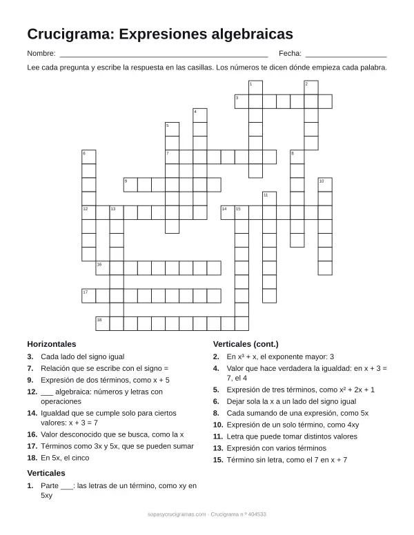 Hoja para imprimir del crucigrama de álgebra: cuadrícula numerada de 18 × 18 con 8 palabras horizontales y 10 verticales, y la lista de pistas.