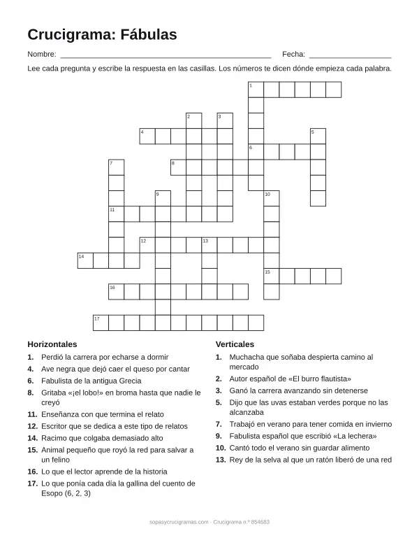 Hoja para imprimir del crucigrama de fábulas: cuadrícula numerada de 16 × 17 con 10 palabras horizontales y 8 verticales, y la lista de pistas.