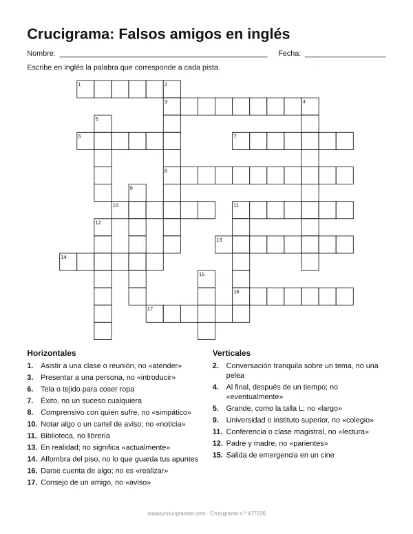 Hoja para imprimir del crucigrama de falsos amigos en inglés: cuadrícula numerada de 15 × 17 con 11 palabras horizontales y 7 verticales, y la lista de pistas.