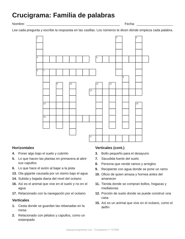 Hoja para imprimir del crucigrama de familias de palabras: cuadrícula numerada de 16 × 17 con 7 palabras horizontales y 10 verticales, y la lista de pistas.