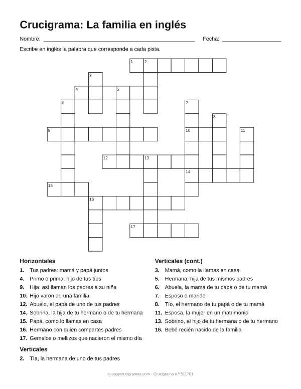 Hoja para imprimir del crucigrama de la familia en inglés: cuadrícula numerada de 14 × 15 con 9 palabras horizontales y 9 verticales, y la lista de pistas.