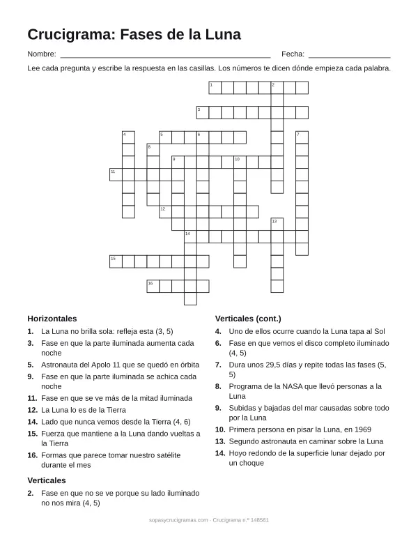 Hoja para imprimir del crucigrama de las fases de la Luna: cuadrícula numerada de 18 × 16 con 9 palabras horizontales y 9 verticales, y la lista de pistas.