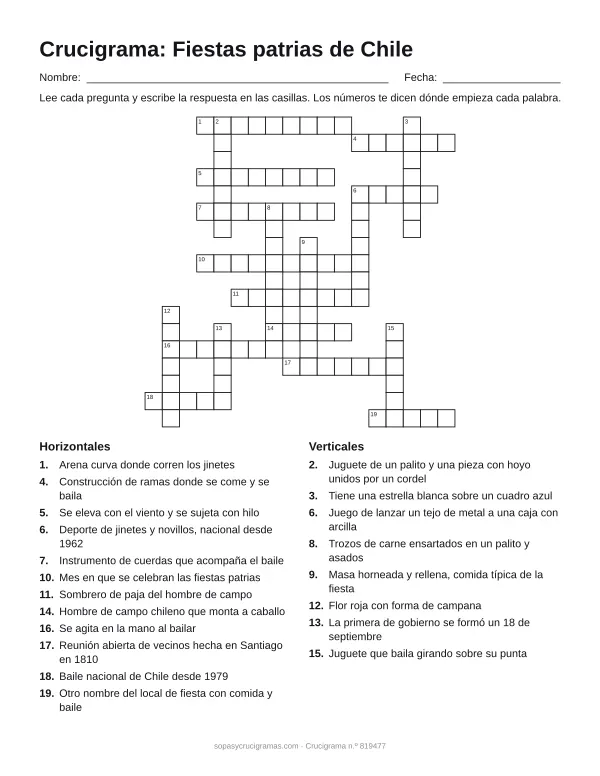 Hoja para imprimir del crucigrama de fiestas patrias de Chile: cuadrícula numerada de 18 × 18 con 12 palabras horizontales y 8 verticales, y la lista de pistas.