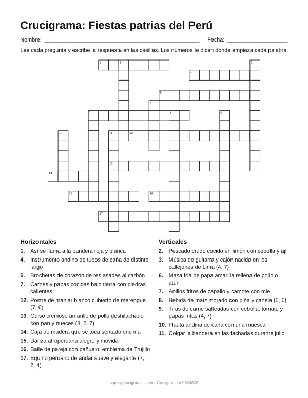 Hoja para imprimir del crucigrama de las fiestas patrias del Perú: cuadrícula numerada de 17 × 21 con 10 palabras horizontales y 8 verticales, y la lista de pistas.