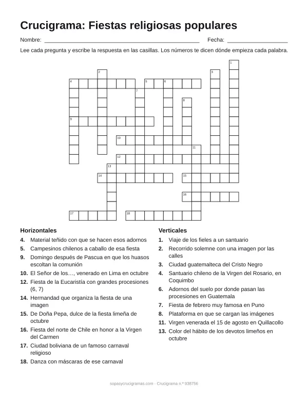 Hoja para imprimir del crucigrama de fiestas religiosas populares: cuadrícula numerada de 17 × 18 con 10 palabras horizontales y 9 verticales, y la lista de pistas.