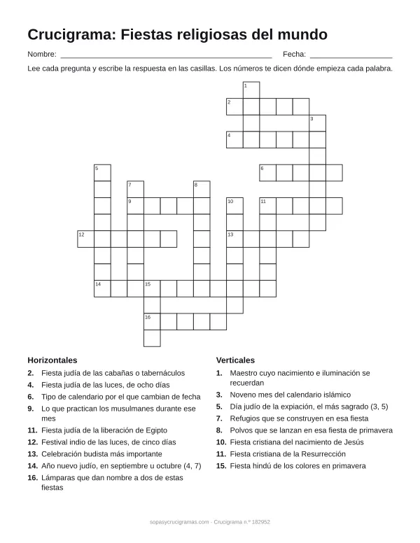 Hoja para imprimir del crucigrama de fiestas religiosas del mundo: cuadrícula numerada de 16 × 16 con 9 palabras horizontales y 8 verticales, y la lista de pistas.