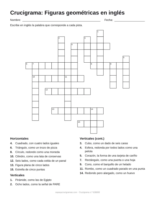 Hoja para imprimir del crucigrama de figuras en inglés: cuadrícula numerada de 16 × 16 con 7 palabras horizontales y 9 verticales, y la lista de pistas.
