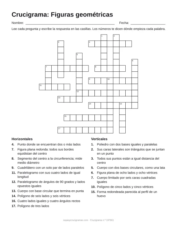 Hoja para imprimir del crucigrama de figuras geométricas: cuadrícula numerada de 16 × 16 con 10 palabras horizontales y 8 verticales, y la lista de pistas.