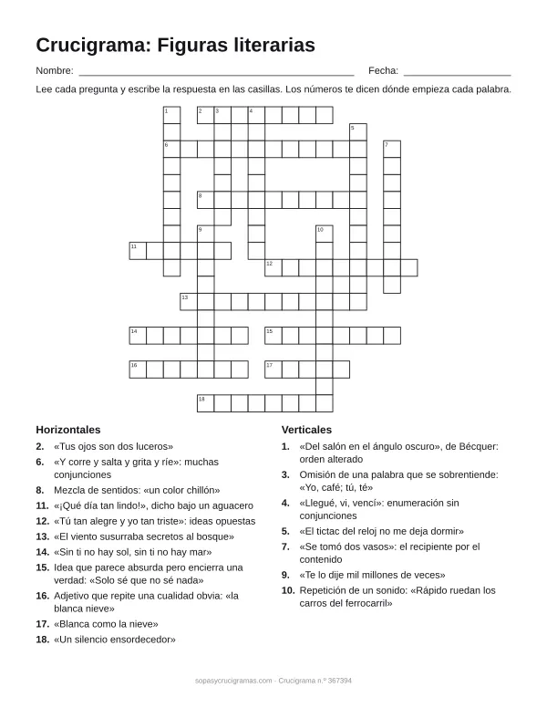 Hoja para imprimir del crucigrama de figuras literarias: cuadrícula numerada de 18 × 17 con 11 palabras horizontales y 7 verticales, y la lista de pistas.