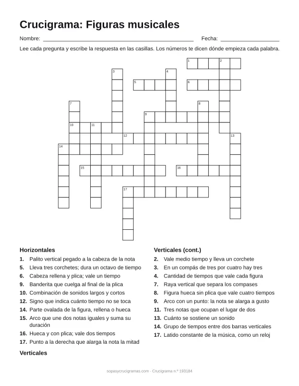 Hoja para imprimir del crucigrama de figuras musicales: cuadrícula numerada de 17 × 17 con 10 palabras horizontales y 10 verticales, y la lista de pistas.