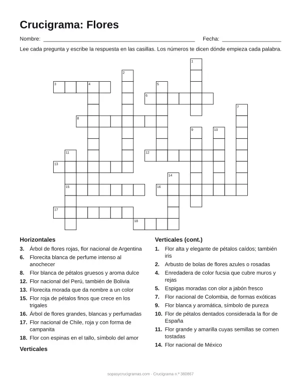 Hoja para imprimir del crucigrama de flores: cuadrícula numerada de 15 × 17 con 9 palabras horizontales y 9 verticales, y la lista de pistas.