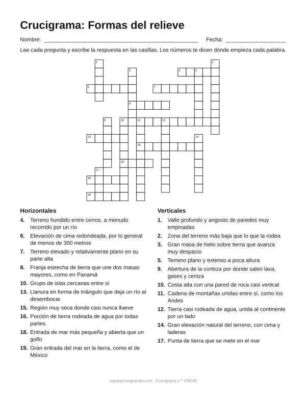 Hoja para imprimir del crucigrama de formas del relieve: cuadrícula numerada de 17 × 16 con 10 palabras horizontales y 10 verticales, y la lista de pistas.