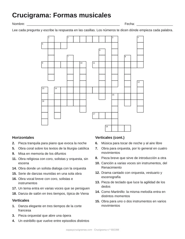 Hoja para imprimir del crucigrama de formas musicales: cuadrícula numerada de 15 × 16 con 9 palabras horizontales y 11 verticales, y la lista de pistas.