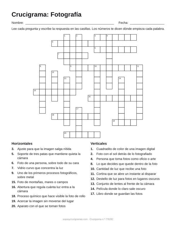 Hoja para imprimir del crucigrama de fotografía: cuadrícula numerada de 17 × 18 con 10 palabras horizontales y 10 verticales, y la lista de pistas.