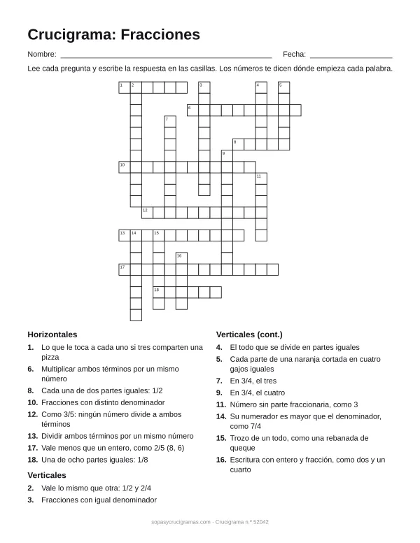 Hoja para imprimir del crucigrama de fracciones: cuadrícula numerada de 21 × 16 con 8 palabras horizontales y 10 verticales, y la lista de pistas.