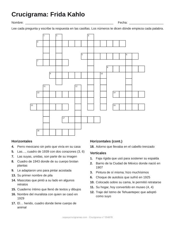 Hoja para imprimir del crucigrama de Frida Kahlo: cuadrícula numerada de 16 × 18 con 11 palabras horizontales y 7 verticales, y la lista de pistas.
